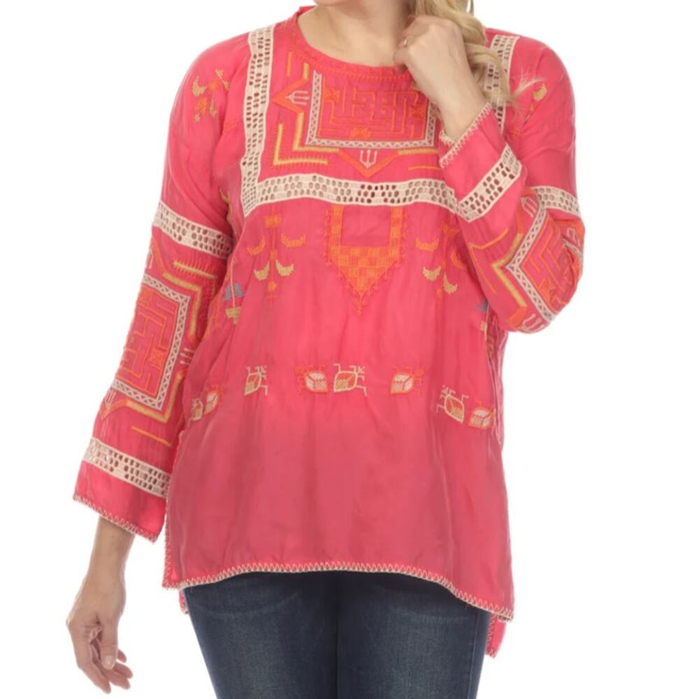 Johnny Was Biya Charlize Embroidered Blouse Pink Eyelet Lace trim Oversize S